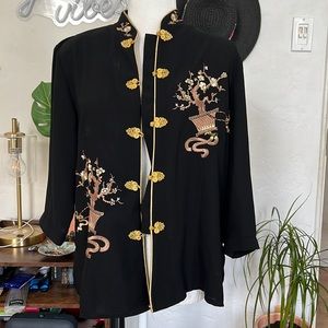 Chinese Style Bonzai Tree Mockneck Long Sleeve Gold Embroidered Blouse | XL